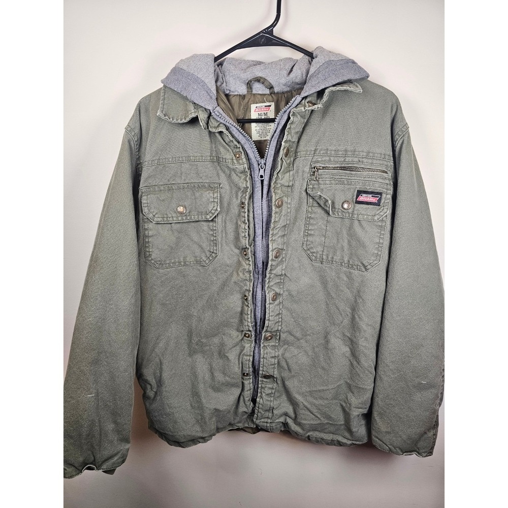 Dickies Mens Hooded Work Jacket Olive Green Canvas Quilted Utility Coat M